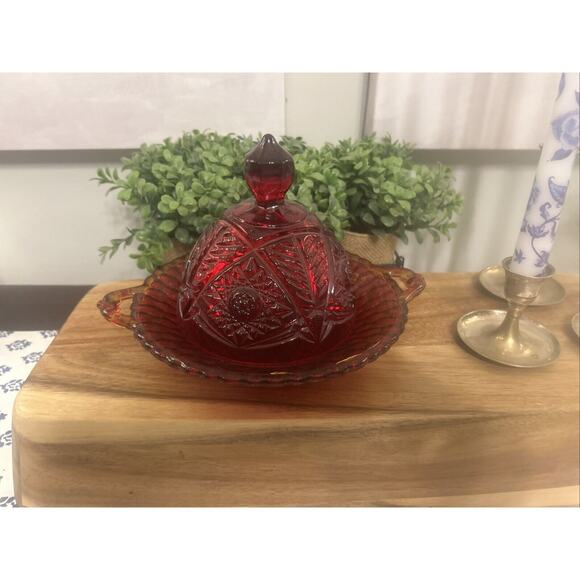 Vintage Art Glass Carved Cheese Or Candy Dish Serving Ruby Red - Picture 7 of 7